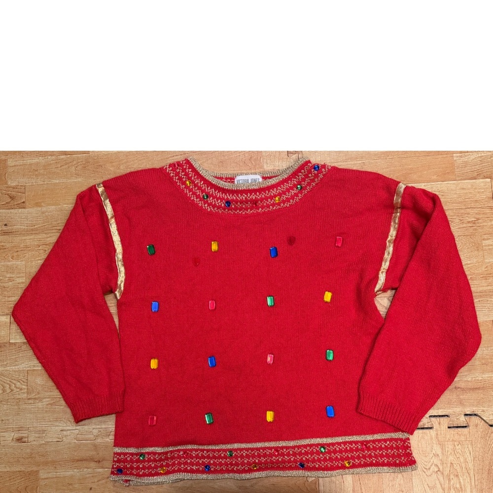 Victoria Jones Vintage Red Christmas Sweater Silk Angora Gemstone Gold Trim L